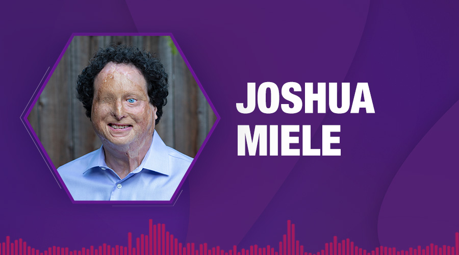 A person in a blue shirt is shown within a hexagonal frame on a purple background, with