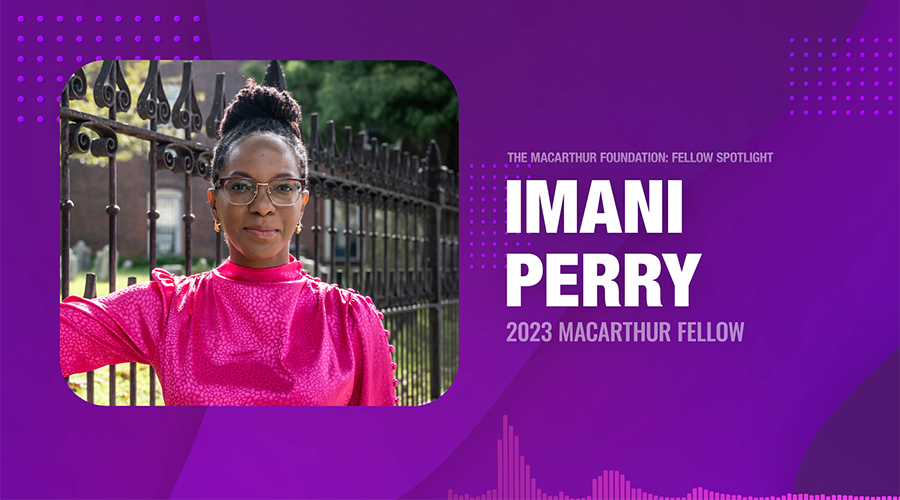 Imani Perry, wearing glasses and a pink top, stands by a fence; text reads